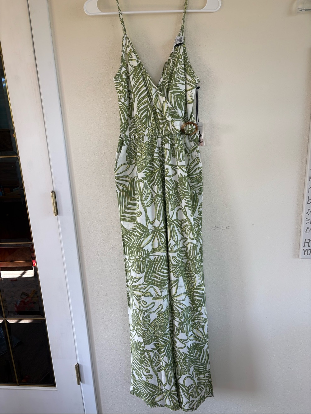 Women's Green Leaf Print Wide-Leg Jumpsuit